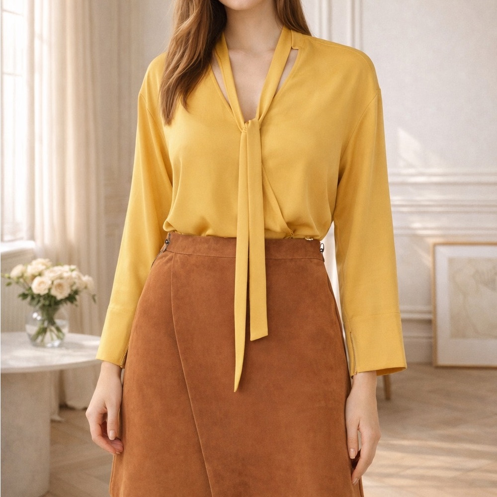 Theory Mustard Yellow Relaxed Wrap V-Neck Modern Neck Tie